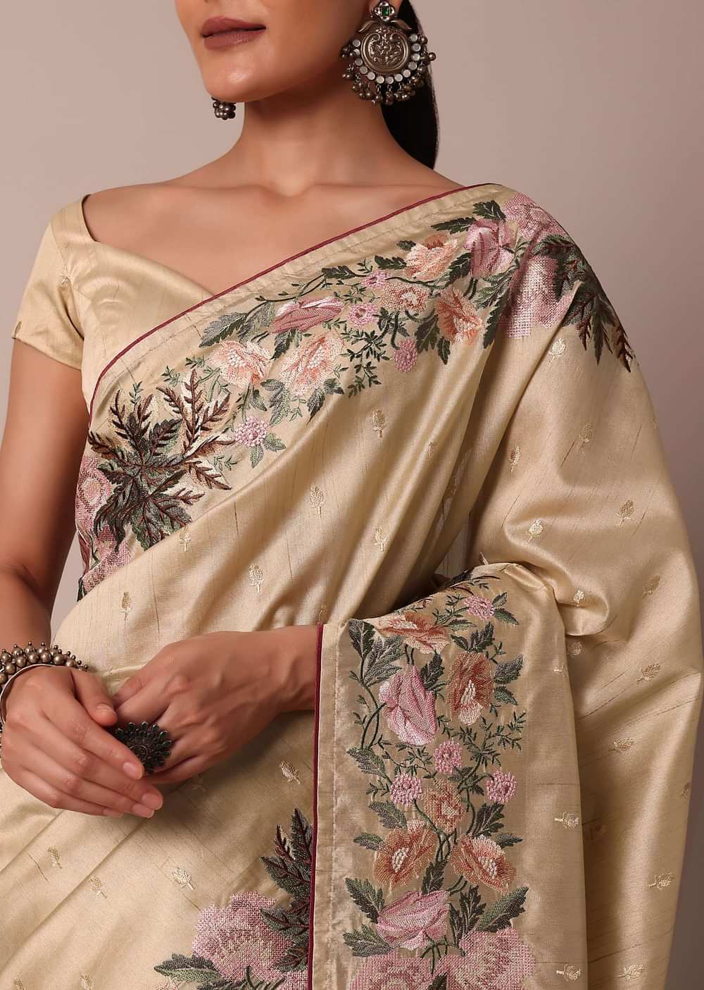 Beige Semi Tussar Silk Resham Thread Embroidered Saree