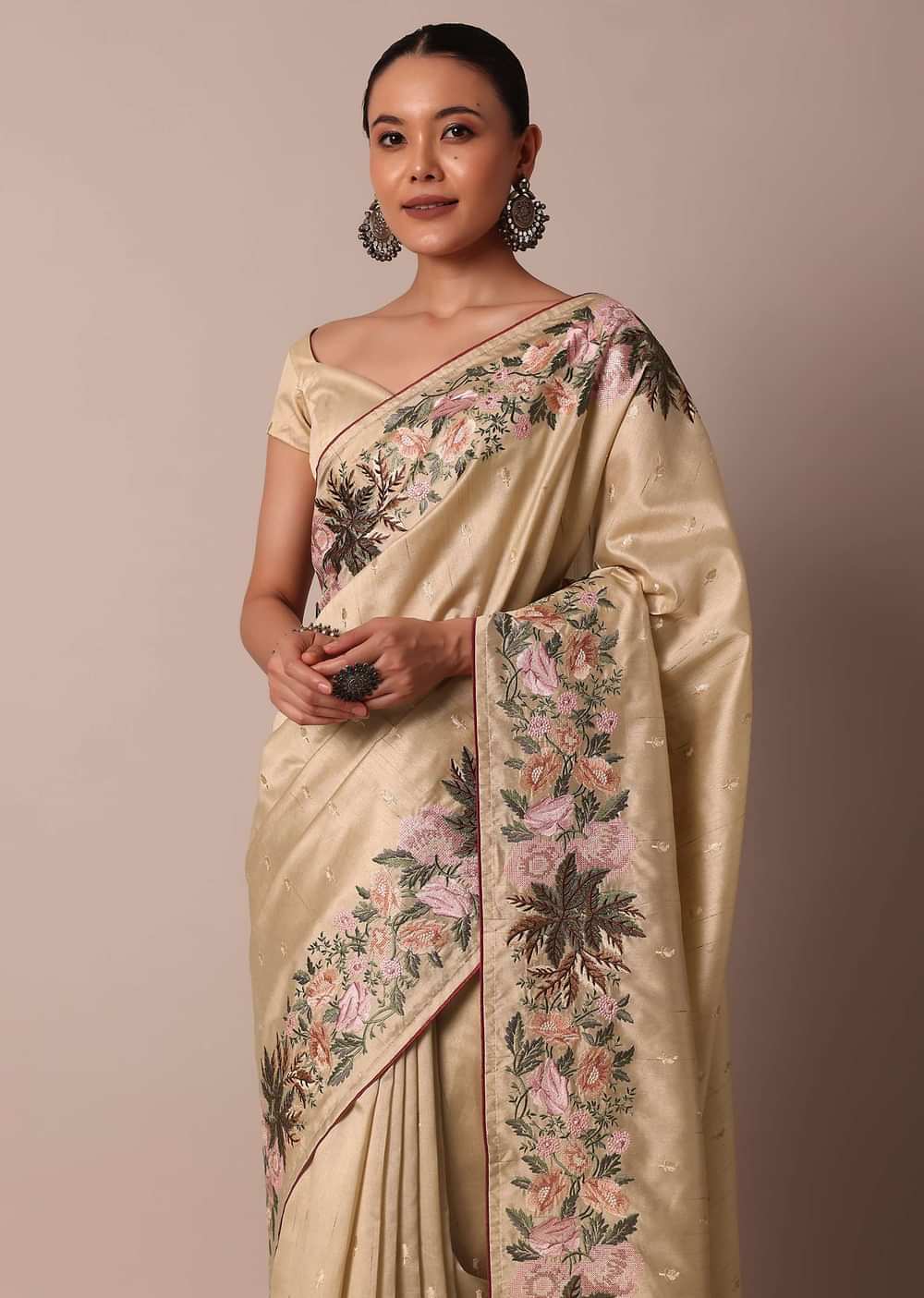 Beige Semi Tussar Silk Resham Thread Embroidered Saree