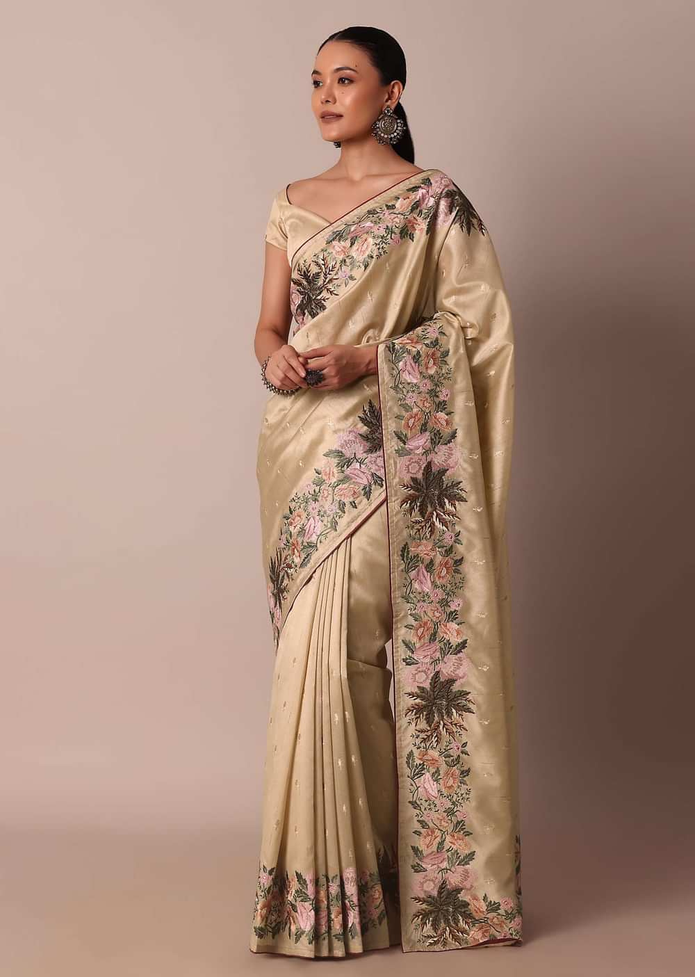 Beige Semi Tussar Silk Resham Thread Embroidered Saree