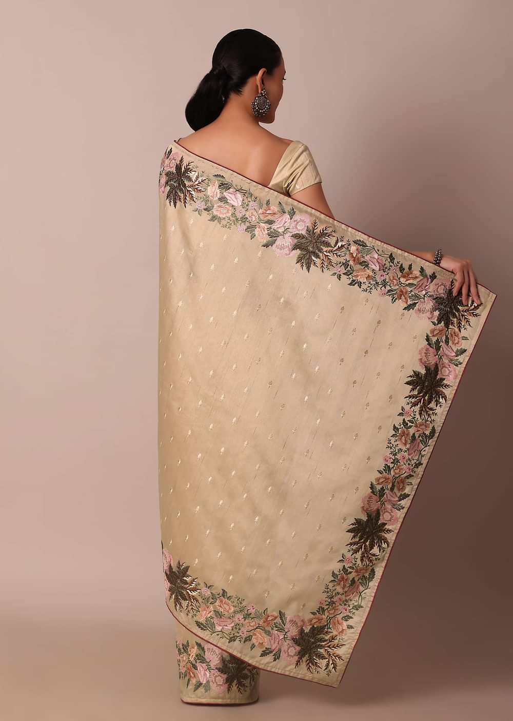 Beige Semi Tussar Silk Resham Thread Embroidered Saree