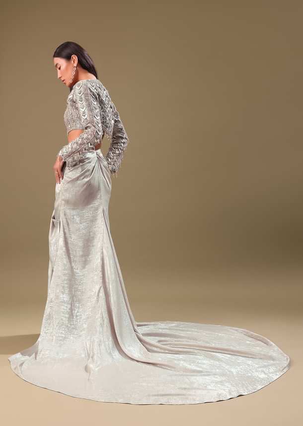 Beige Hand Embroidered Blouse And Drape Skirt With Cape