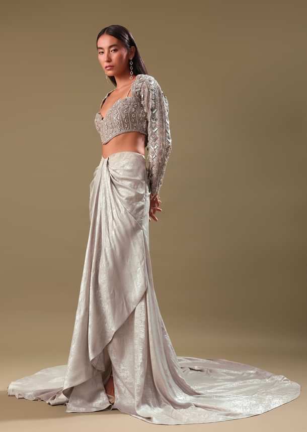 Beige Hand Embroidered Blouse And Drape Skirt With Cape