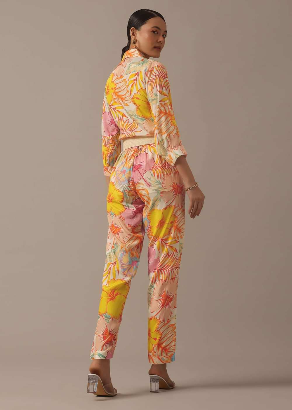 Beige Shirt Kurta And Pant Co-Ord Set With Floral Prints