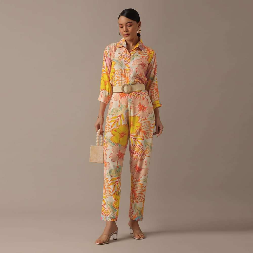 Beige Shirt Kurta And Pant Co-Ord Set With Floral Prints