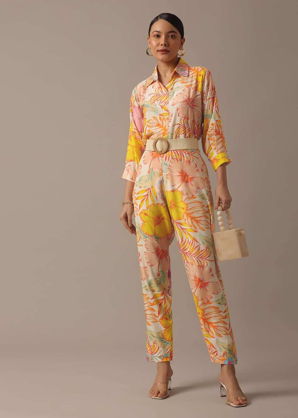 Beige Shirt Kurta And Pant Co-Ord Set With Floral Prints