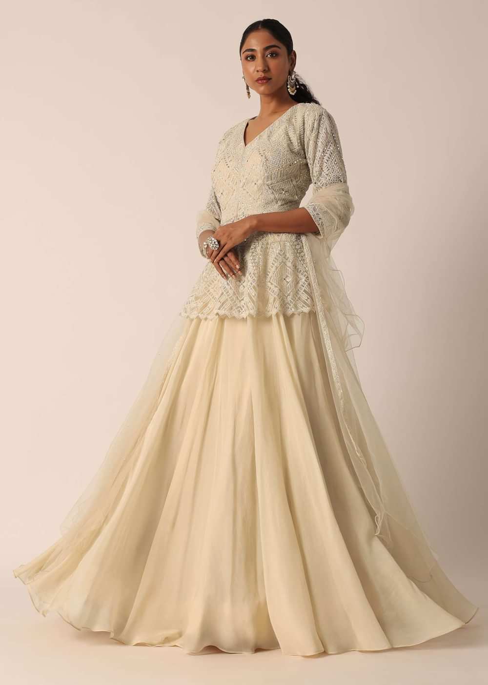 Beige Short Kurta Lehenga Set With Mirror Work