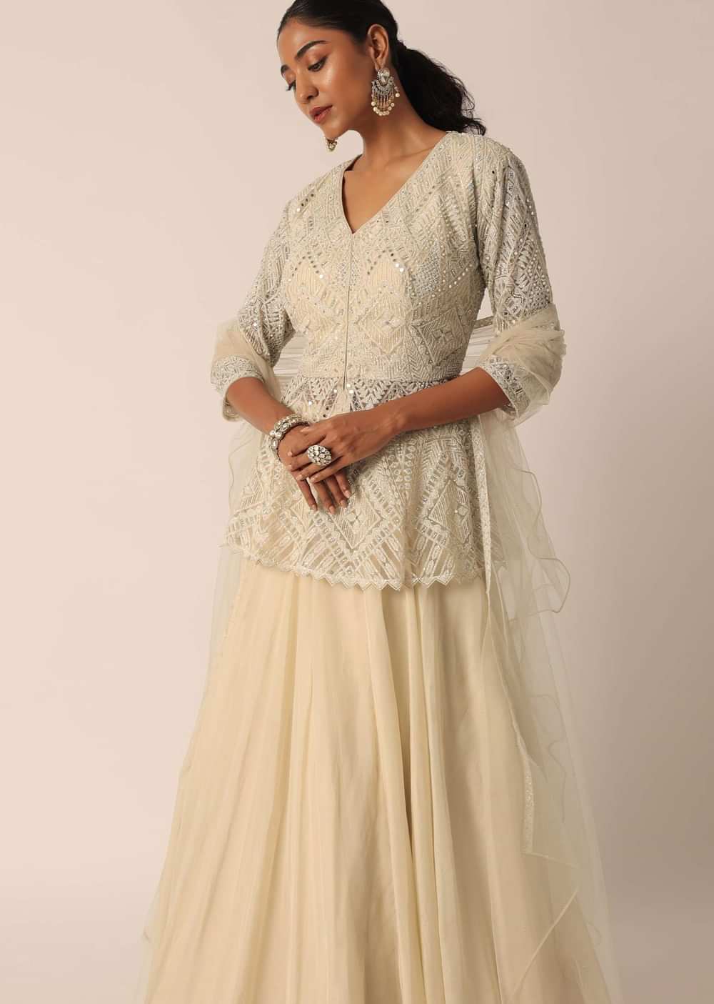 Beige Short Kurta Lehenga Set With Mirror Work