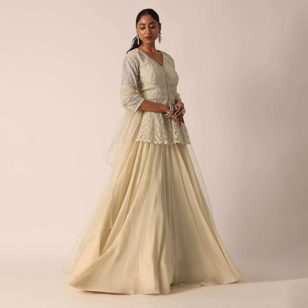 Beige Short Kurta Lehenga Set With Mirror Work
