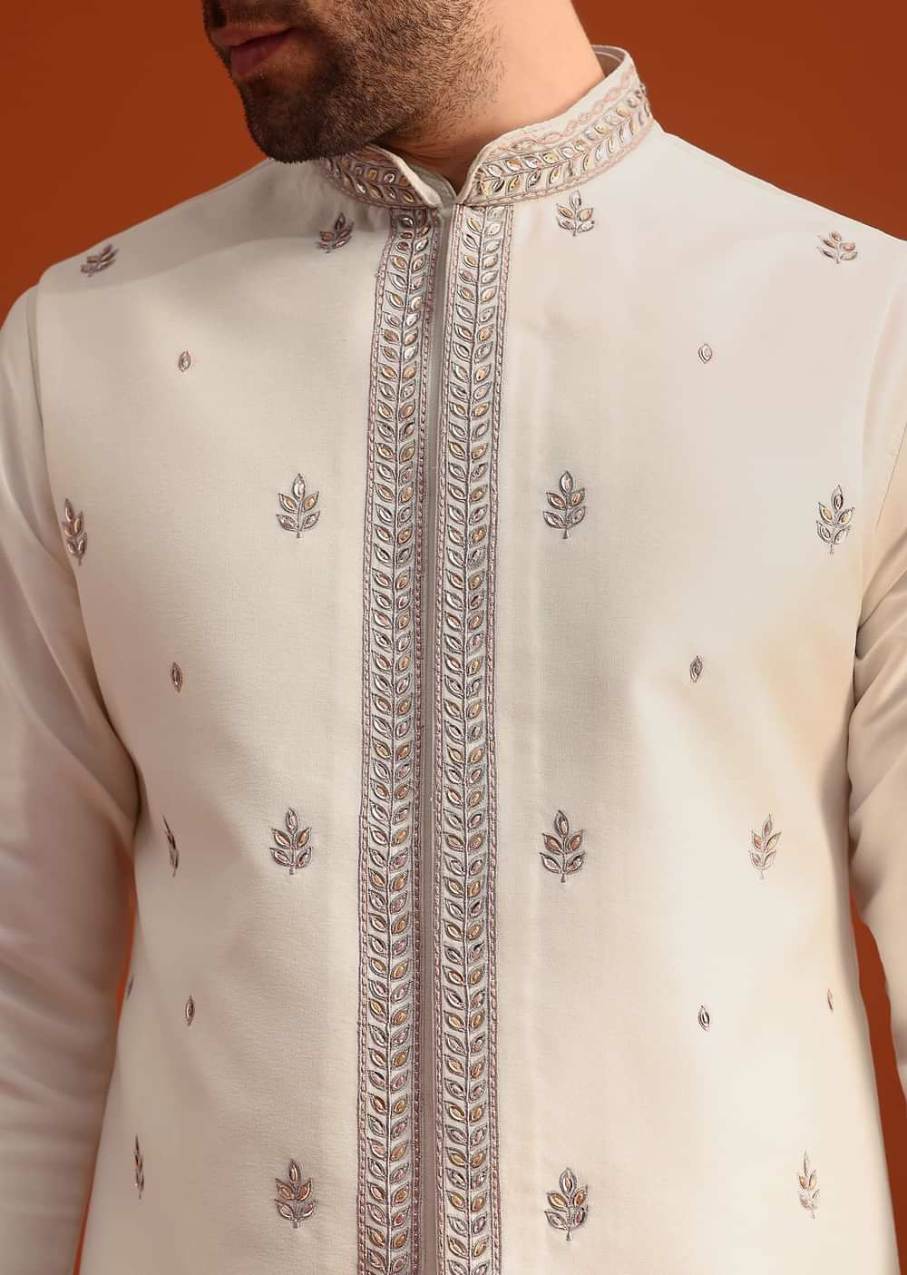 Beige Silk Blend Kurta And Jacket Set With Mirror Work