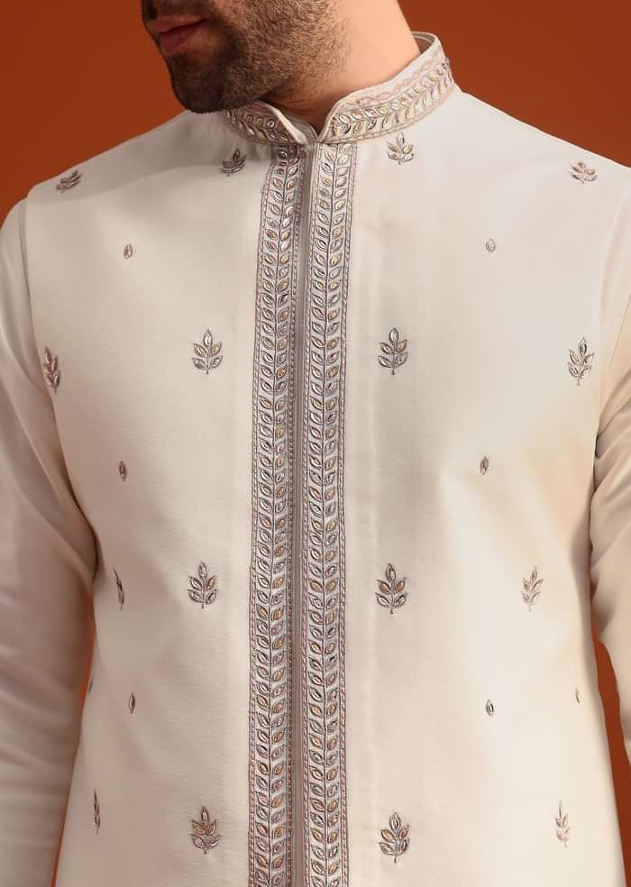 Beige Silk Blend Kurta And Jacket Set With Mirror Work