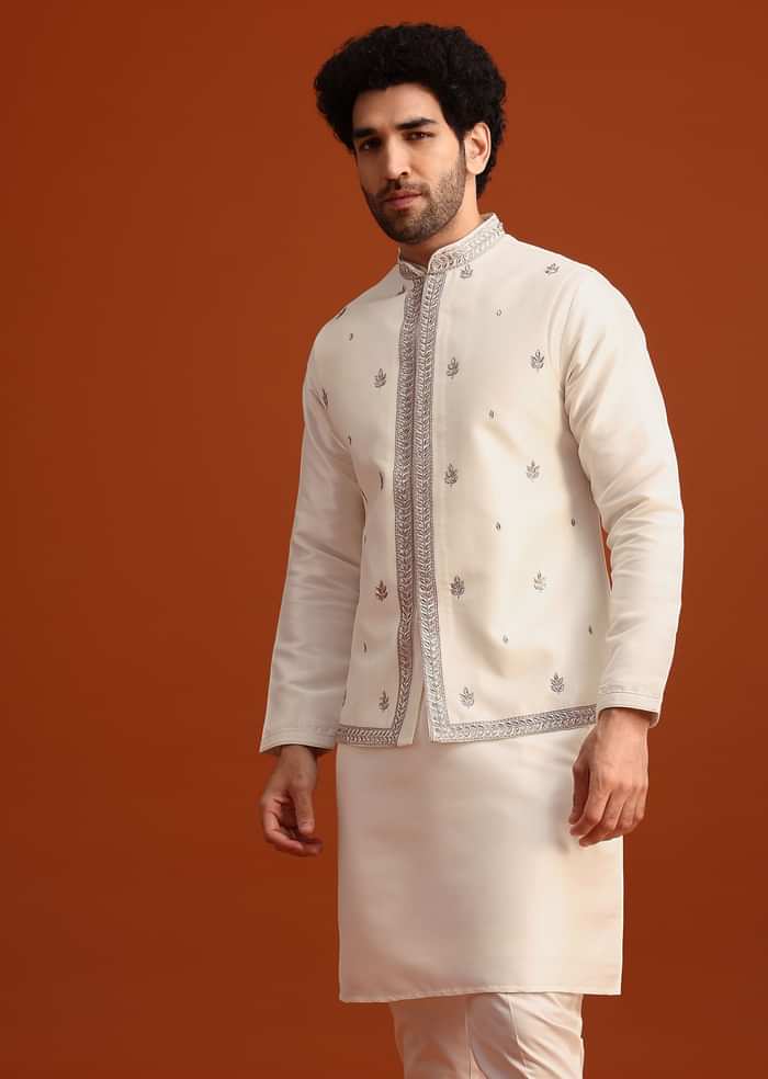 Beige Silk Blend Kurta And Jacket Set With Mirror Work