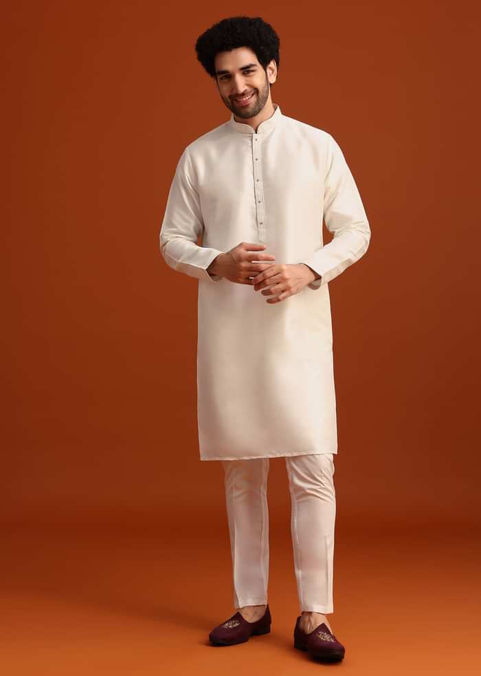 Beige Silk Blend Kurta And Jacket Set With Mirror Work