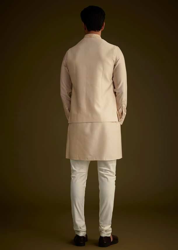 Beige Silk Blend Kurta Set With Embroidered Nehru Jacket