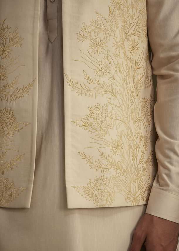 Beige Silk Blend Kurta Set With Embroidered Nehru Jacket