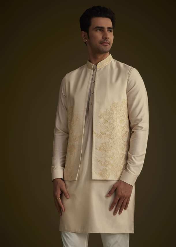 Beige Silk Blend Kurta Set With Embroidered Nehru Jacket