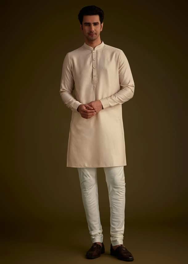 Beige Silk Blend Kurta Set With Embroidered Nehru Jacket