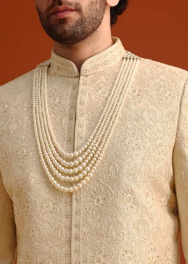 Beige Silk Embroidered Sherwani And Kurta Set With Dupatta