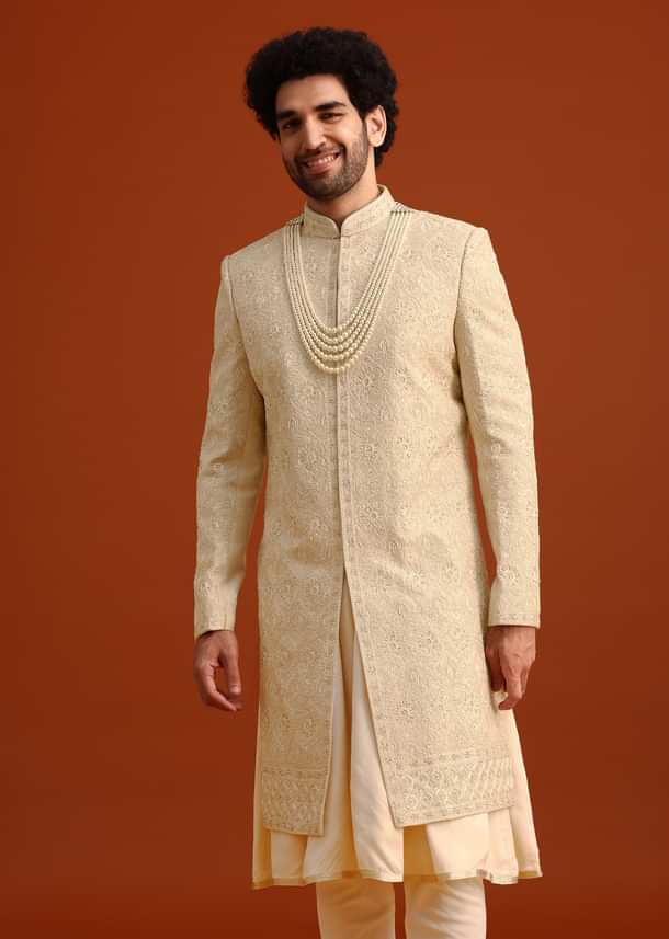 Beige Silk Embroidered Sherwani And Kurta Set With Dupatta