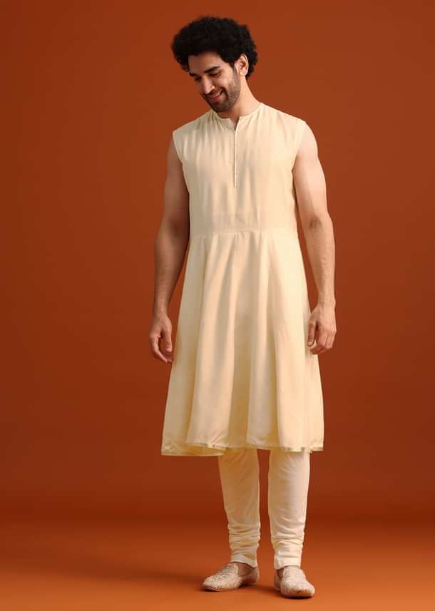 Beige Silk Embroidered Sherwani And Kurta Set With Dupatta