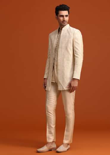 Beige Silk Indo Western And Kurta Set With Zardozi Work