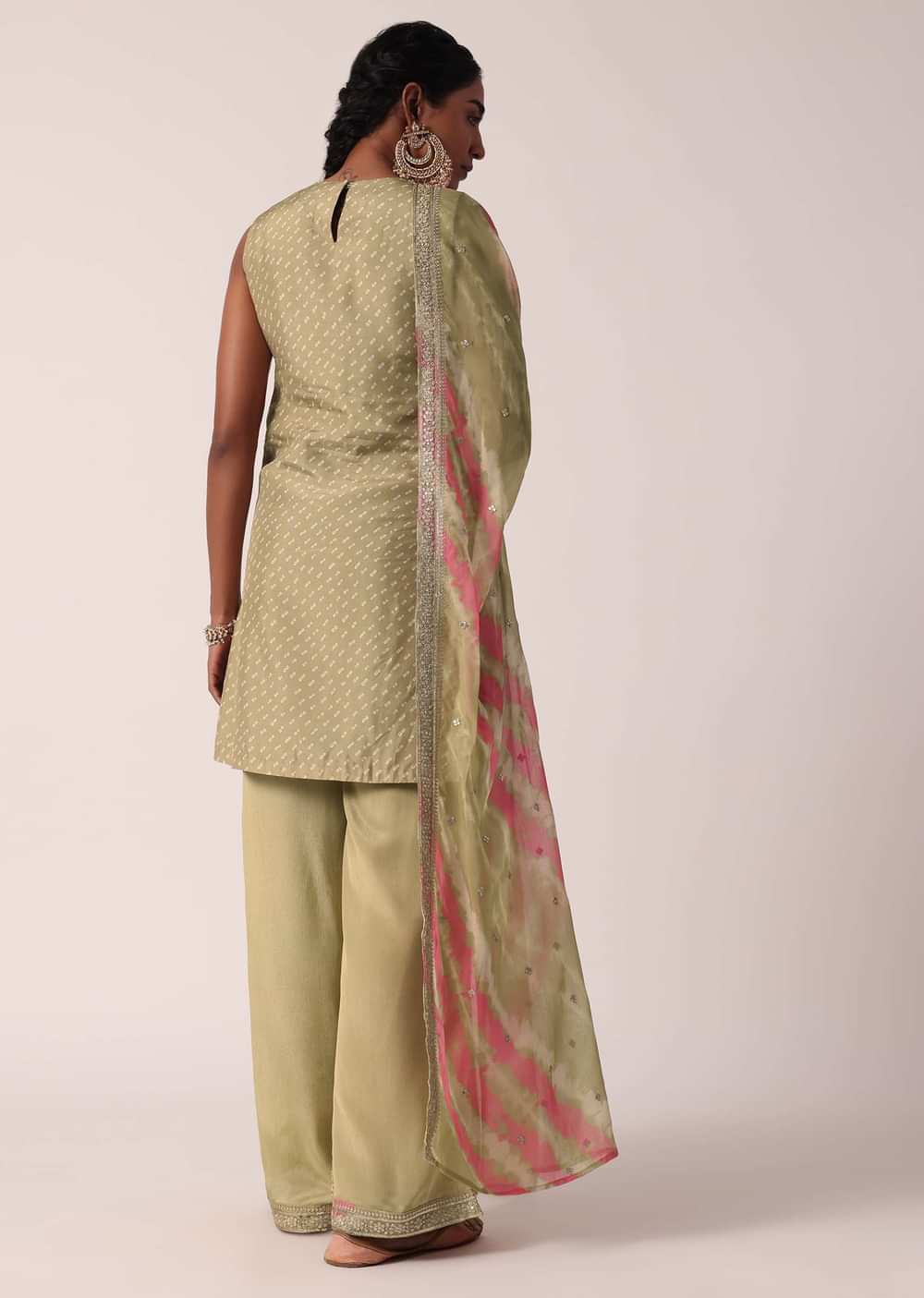 Beige Silk Palazzo Set With Leheriya Dupatta