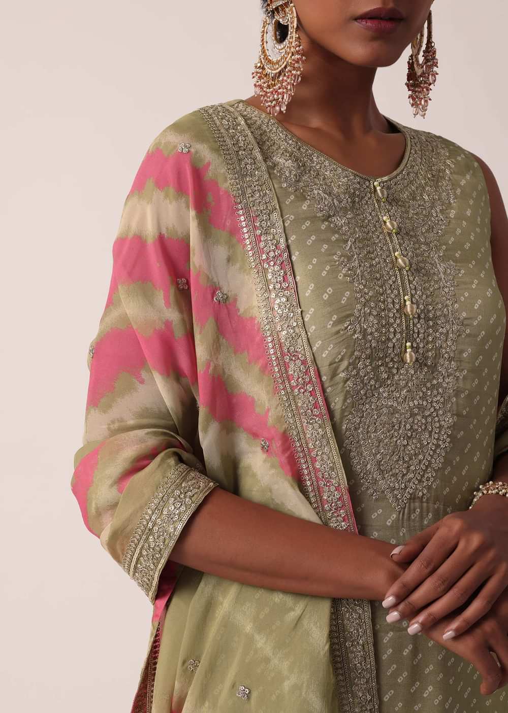 Beige Silk Palazzo Set With Leheriya Dupatta