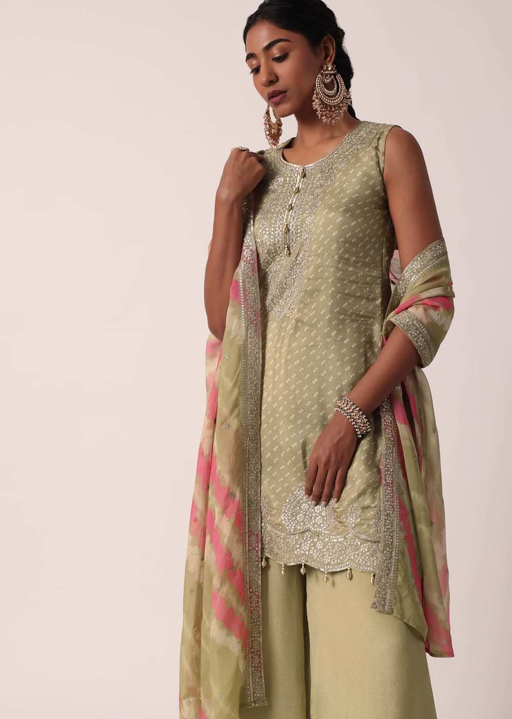 Beige Silk Palazzo Set With Leheriya Dupatta
