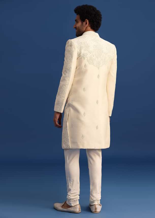 Beige Silk Sherwani And Kurta Set With Zardozi Embroidery
