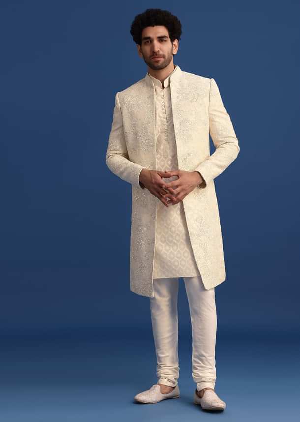 Beige Silk Sherwani And Kurta Set With Zardozi Embroidery