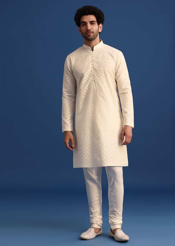 Beige Silk Sherwani And Kurta Set With Zardozi Embroidery