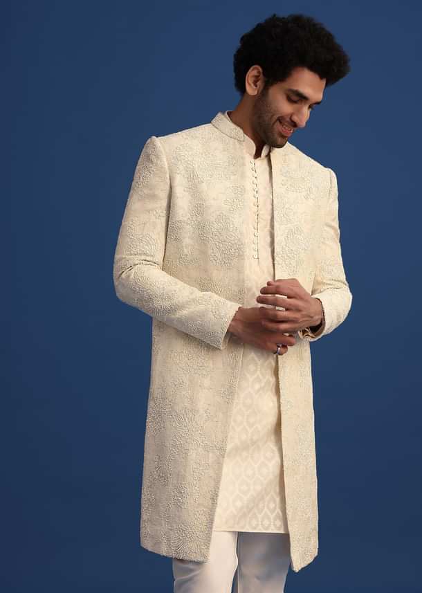 Beige Silk Sherwani And Kurta Set With Zardozi Embroidery