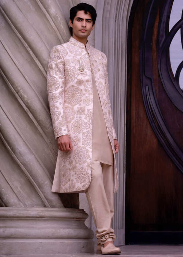 Beige Silk Sherwani For Groom With Heavy Hand Work