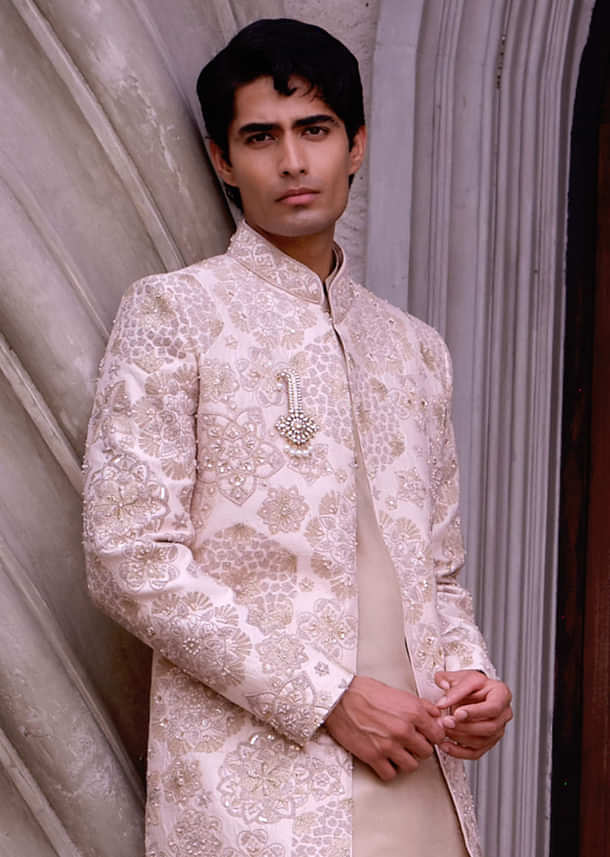 Beige Silk Sherwani For Groom With Heavy Hand Work