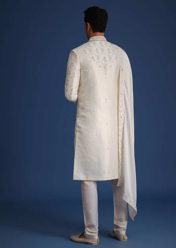 Beige Silk Sherwani Set With Mala And Dupatta