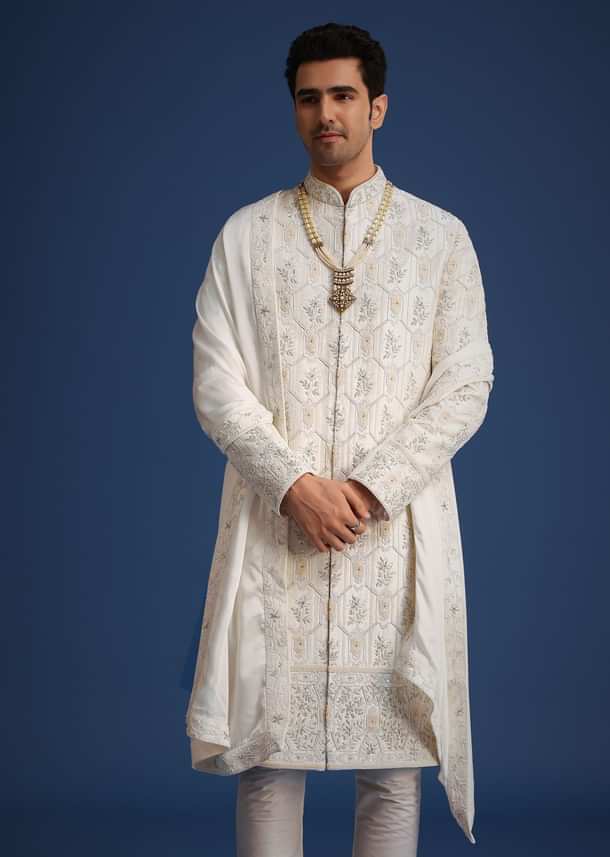 Beige Silk Sherwani Set With Mala And Dupatta