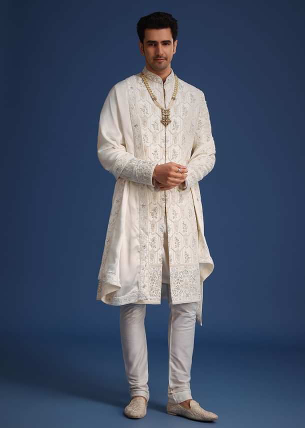 Beige Silk Sherwani Set With Mala And Dupatta