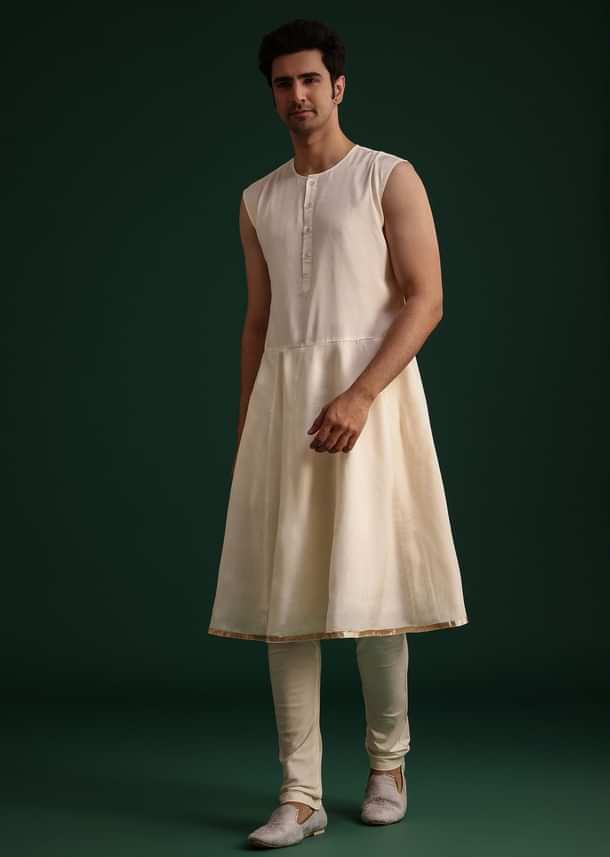 Beige Silk Sherwani Set With Zardozi Work