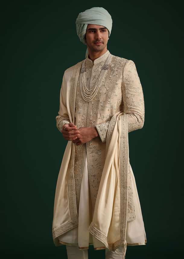 Beige Silk Sherwani Set With Zardozi Work