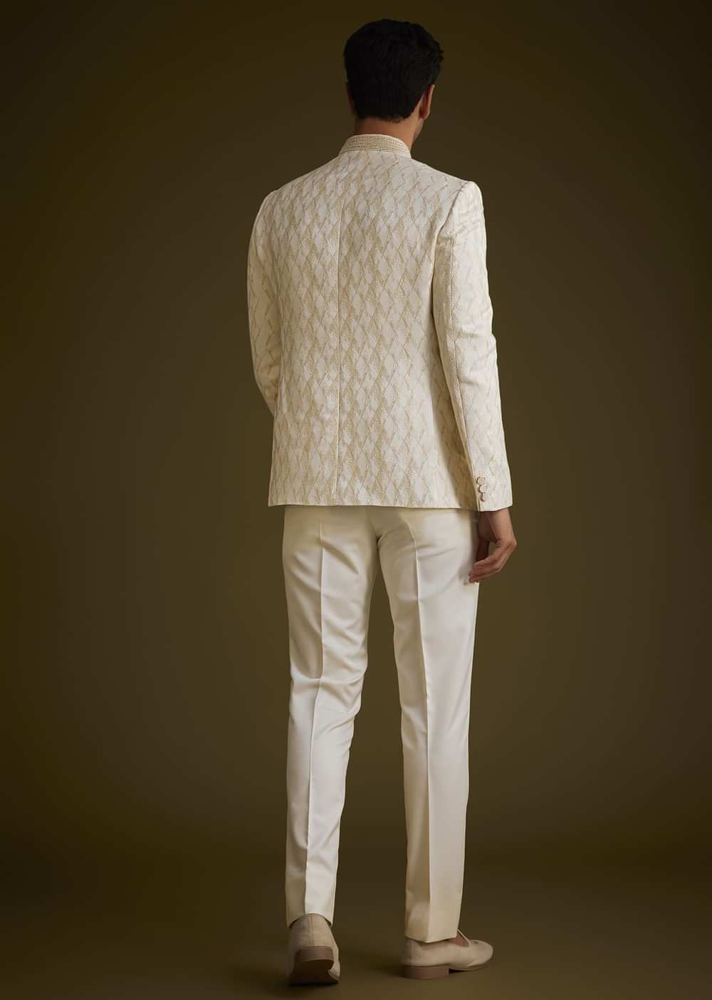 Beige Silk Textured Jodhpuri Suit With Cut Dana Accents