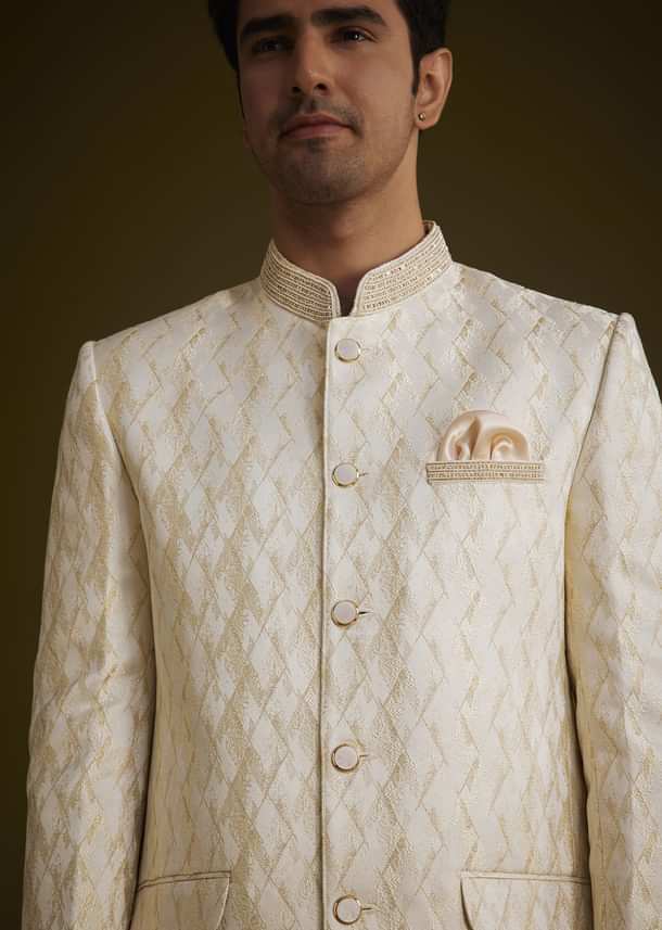Beige Silk Textured Jodhpuri Suit With Cut Dana Accents