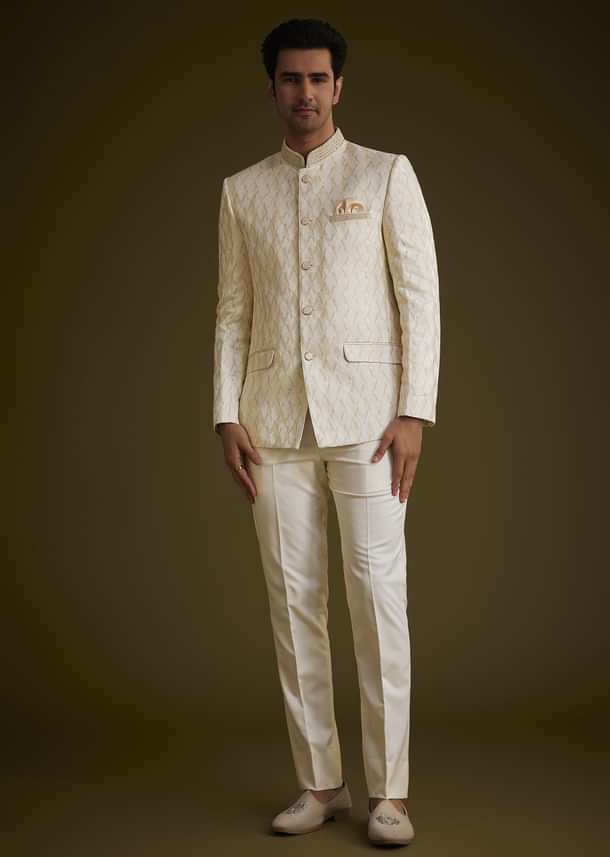 Beige Silk Textured Jodhpuri Suit With Cut Dana Accents