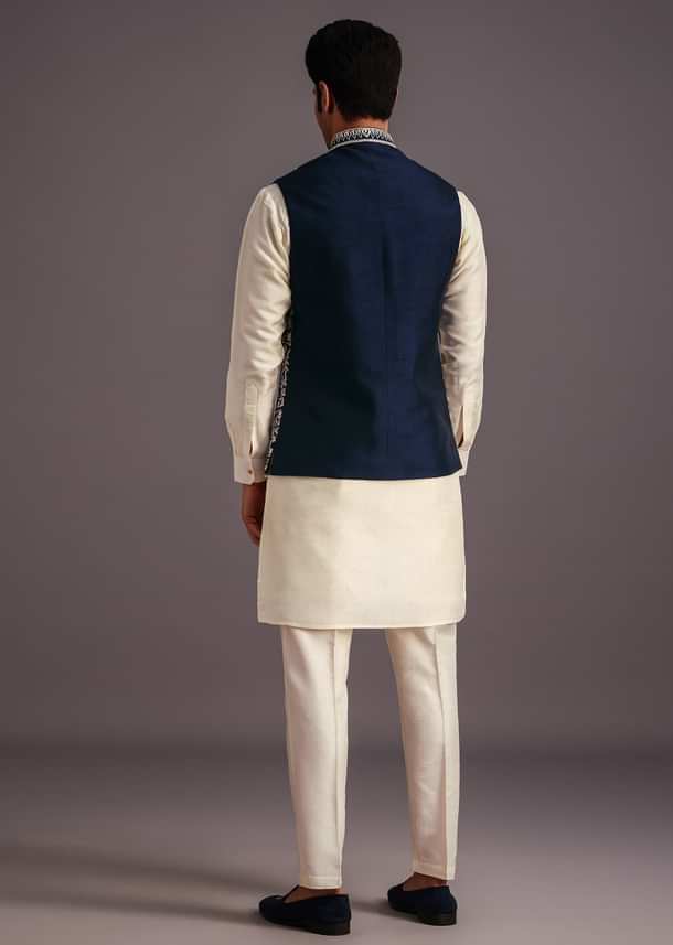 Beige Silk Threadwork Jacket Kurta Set For Men