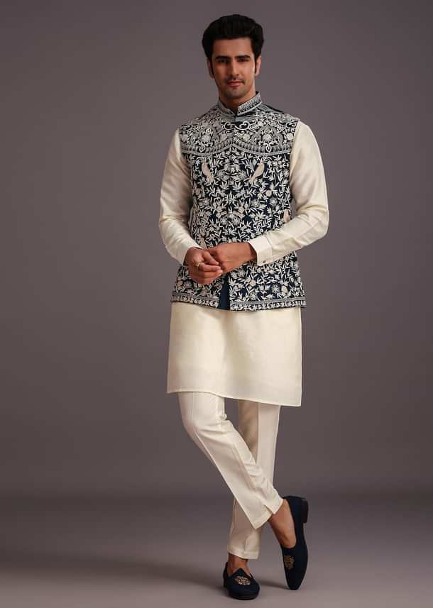 Beige Silk Threadwork Jacket Kurta Set For Men