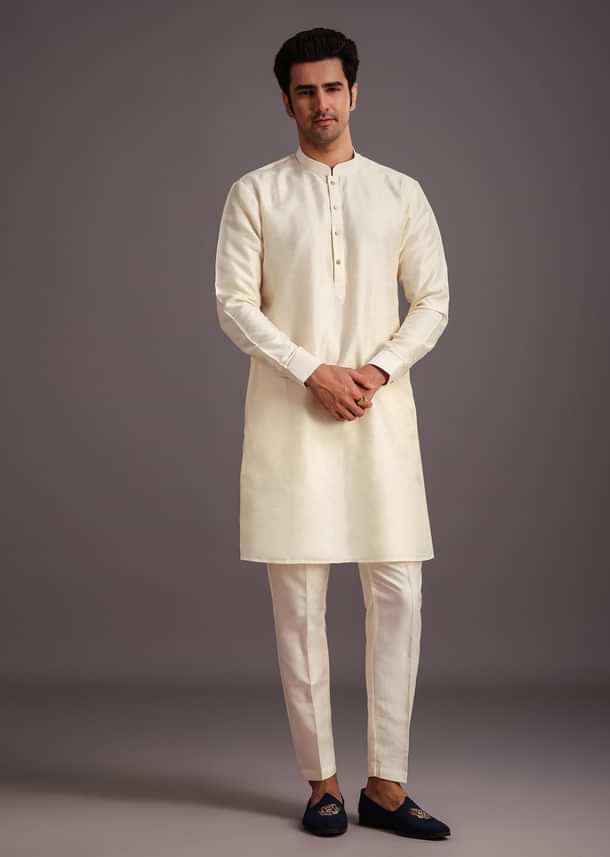 Beige Silk Threadwork Jacket Kurta Set For Men