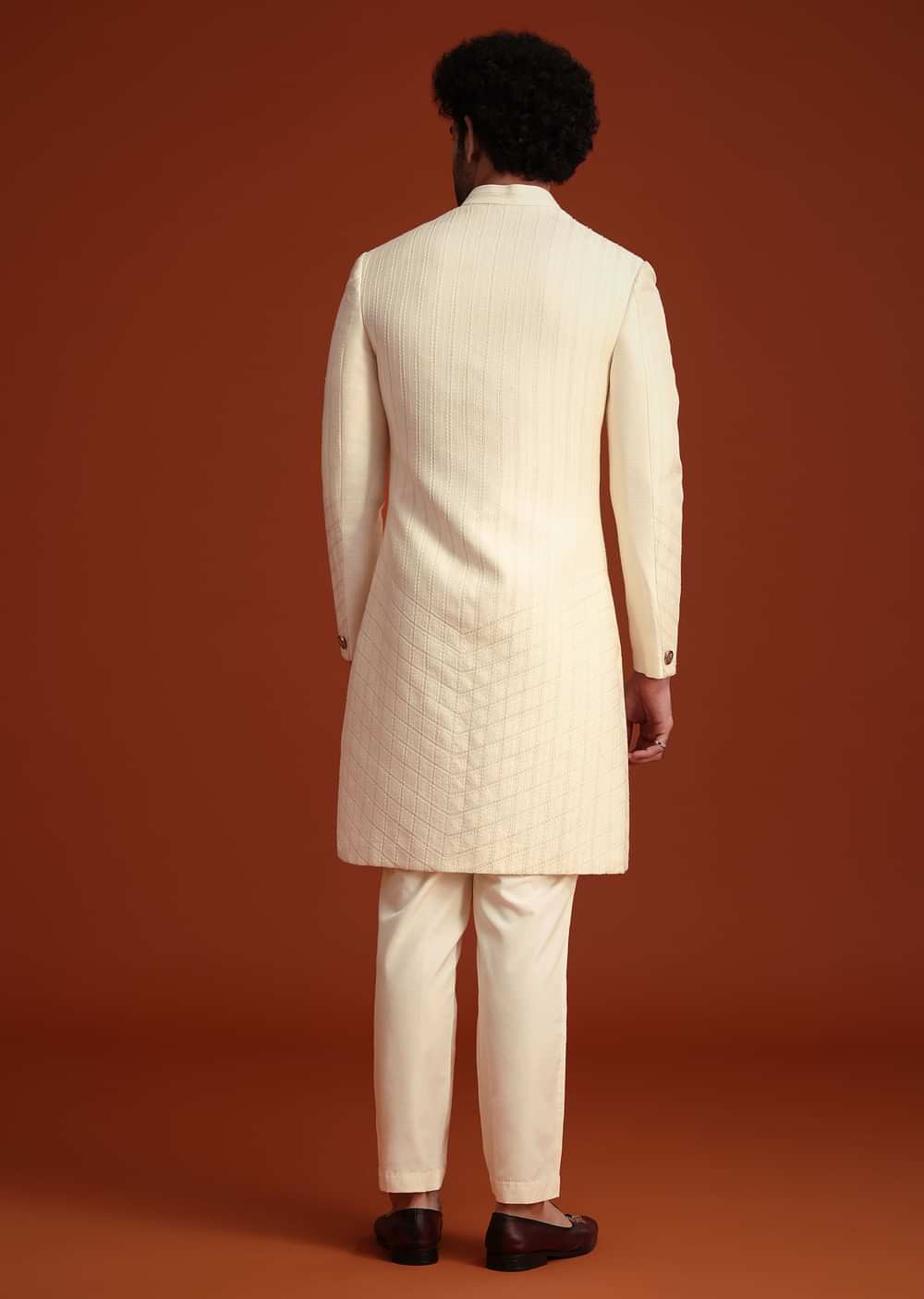 Beige Silk Threadwork Sherwani With Dhagai Work