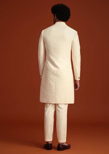 Beige Silk Threadwork Sherwani With Dhagai Work