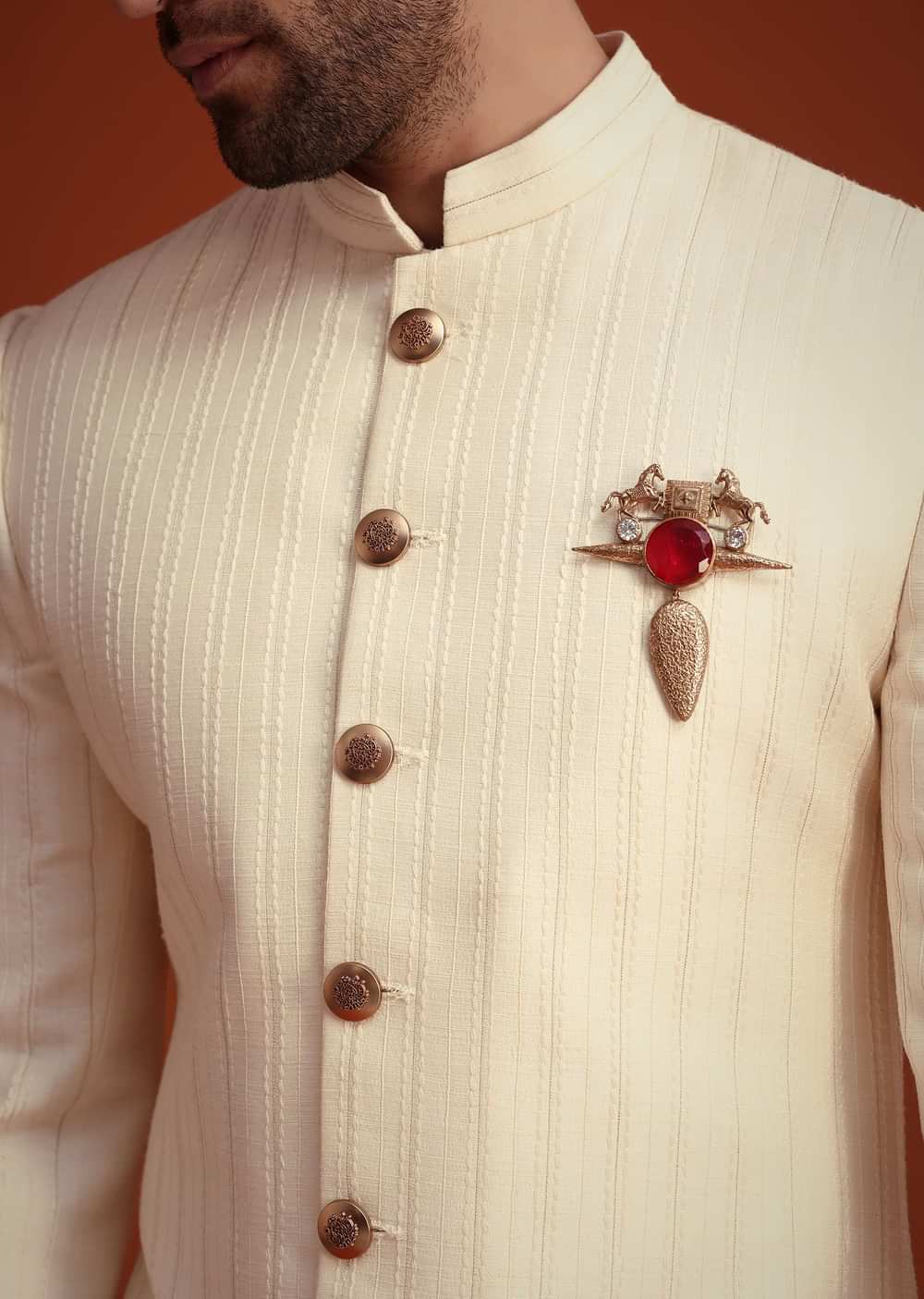 Beige Silk Threadwork Sherwani With Dhagai Work
