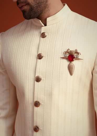 Beige Silk Threadwork Sherwani With Dhagai Work
