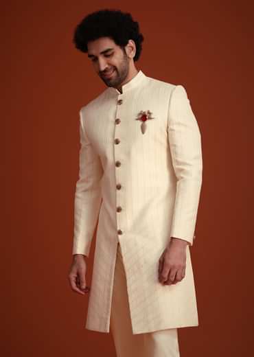 Beige Silk Threadwork Sherwani With Dhagai Work