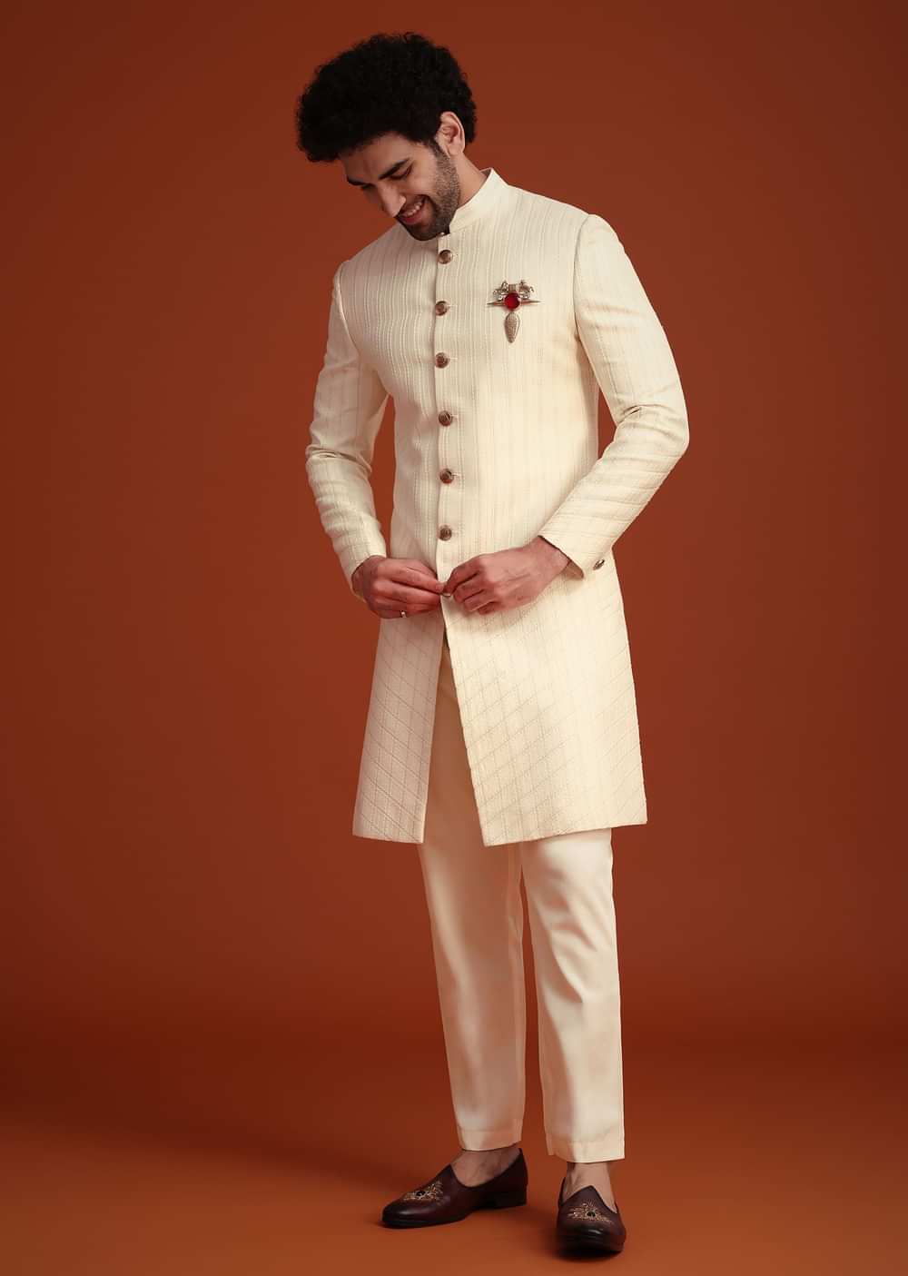 Beige Silk Threadwork Sherwani With Dhagai Work